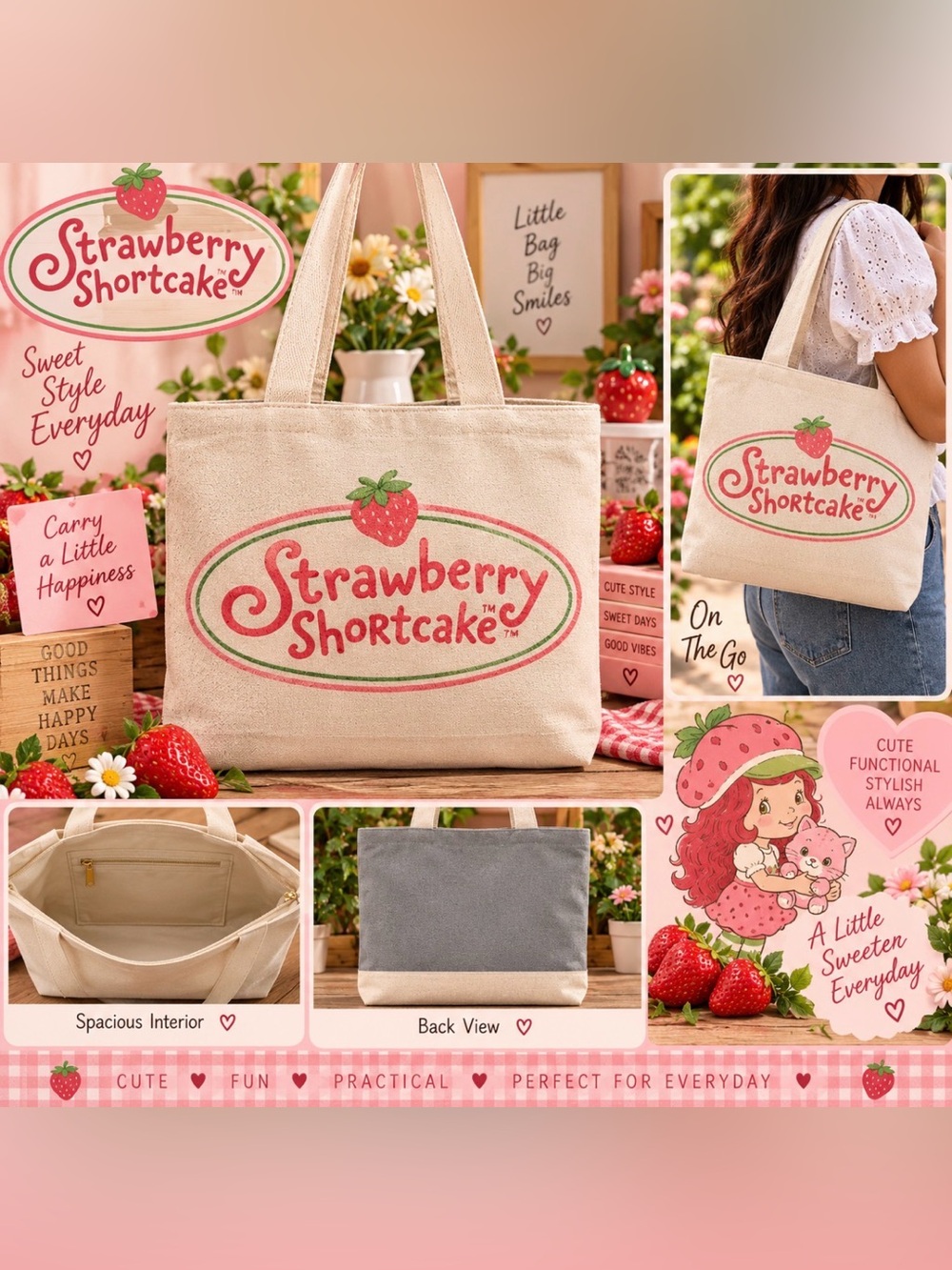 Cute Pink & Gray Tote Bag with Cartoon Print